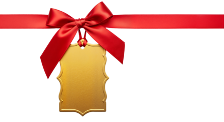 A red ribbon with a bow and a blank golden gift tag, a decorative element for holiday presents and sale promotions for Christmas. Transparent Background, Cutout