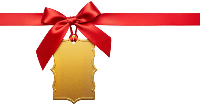 A red ribbon with a bow and a blank golden gift tag, a decorative element for holiday presents and sale promotions for Christmas. Transparent Background, Cutout - Powered by Adobe