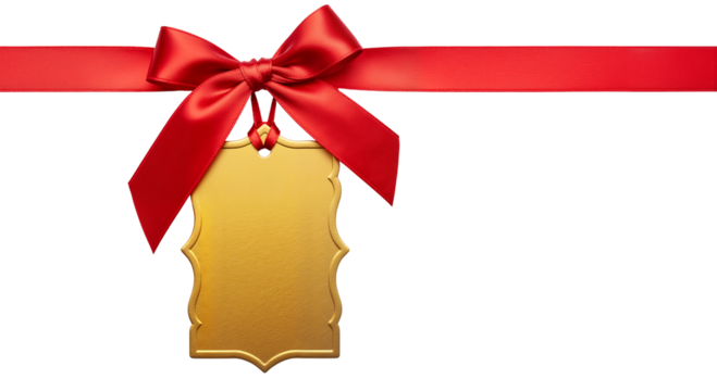 A red ribbon with a bow and a blank golden gift tag, a decorative element for holiday presents and sale promotions for Christmas. Transparent Background, Cutout