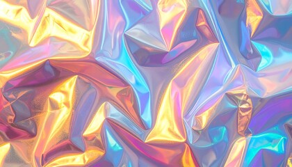 Shiny holographic texture with colorful abstract metallic folds and light