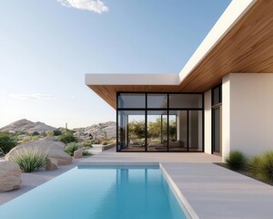 Fototapeta premium Desertstyle modern rustic farmhouse with raw textures, neutral colors, and flat landscaping