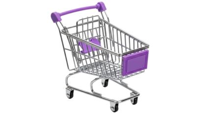 Isolated miniature shopping cart, a small metal supermarket trolley with colorful accents