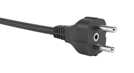 Isolated black power plug, European adapter, electrical cord, electric supply object