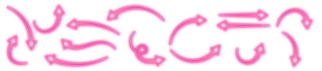 Obraz premium Neon arrows icons isolated, Glowing direction symbols, Bright pointers, Neon direction signs, or Luminous curved arrows vector illustration