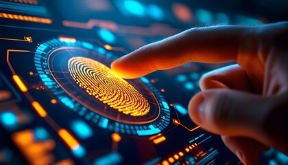 A close-up shot of a finger touching a glowing fingerprint scanner on a futuristic digital interface, symbolizing biometric security and advanced technology.