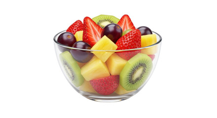 Isolated bowl of tropical fruit salad with strawberries, kiwifruit, grapes and pineapple cubes