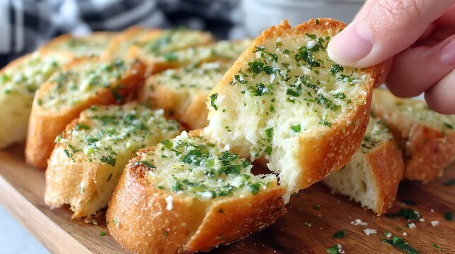 Garlic Bread Toasts with Parsley on Wooden Serving Board
