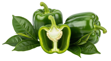 Isolated green bell peppers with leaves show vibrant, fresh produce, healthy eating concept