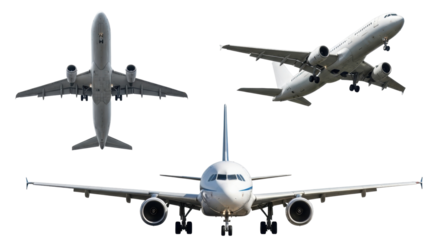 Isolated airplanes of aircraft, airliners on sky flying, transport vehicles in midair overhead