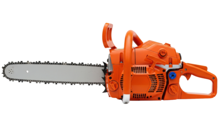 Isolated orange chainsaw for cutting wood, tree branches, and forestry tasks in the garden