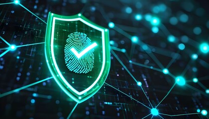 A glowing green shield with a fingerprint and a checkmark inside, symbolizing digital security and identity verification against a backdrop of interconnected nodes and lines.