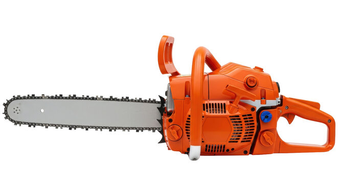 Isolated orange chainsaw for cutting wood, tree branches, and forestry tasks in the garden