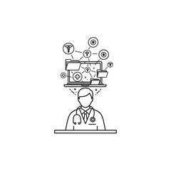 Doctor with stethoscope stands below a laptop displaying medical files and connected health icons, representing digital healthcare.