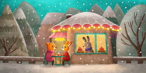 Cozy holiday scene with two animals enjoying warm drinks outside decorated house in snowy mountain lifestyle setting during Christmas