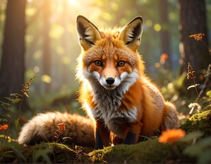 Fox in sunlight forest scene
