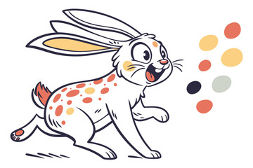 Cute White Rabbit Running with Colorful Dots in on White Background