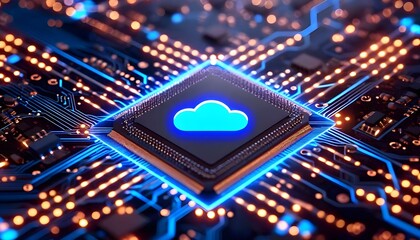 Cloud computing chip with glowing cloud symbol on a circuit board.