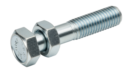 Isolated bolt with screw thread, fastener with hex nut, shiny chrome metal hardware item