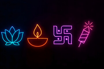 Neon Diwali Icons – Lotus, Diya, Swastika, and Firecracker on Dark Background