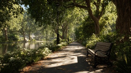 Fototapeta premium Serene park scene, shaded path with a bench, lake, trees, sunlight dappling the ground