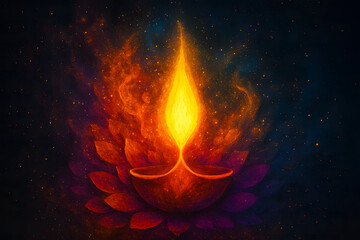 Cosmic Diya with Radiant Flame and Lotus Petals &ndash; Abstract Spiritual Diwali Illustration