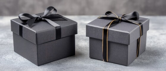 Beautiful black gift boxes with elegant bows sitting on a textured gray surface ready for special occasions and celebrations close up