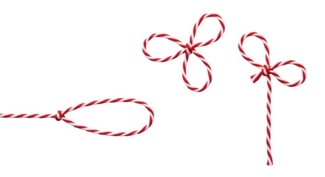 Isolated red and white twine bows, candy cane stripe string, craft thread, wrapping ribbon