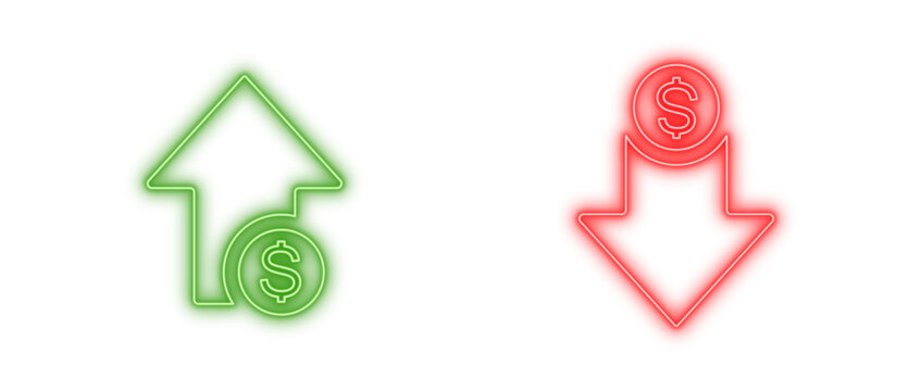 Money trend neon icons isolated, Glowing finance arrows, Bright currency indicators, Neon investment graph, or Shiny economic symbols vector illustration