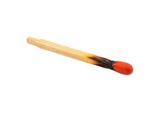 Burnt matchstick isolated on transparent PNG, wooden stick with red head and charred remains for fire safety and camping concepts