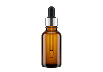 Amber glass bottle with dropper isolated, essential oil container for aromatherapy and skincare on transparent background