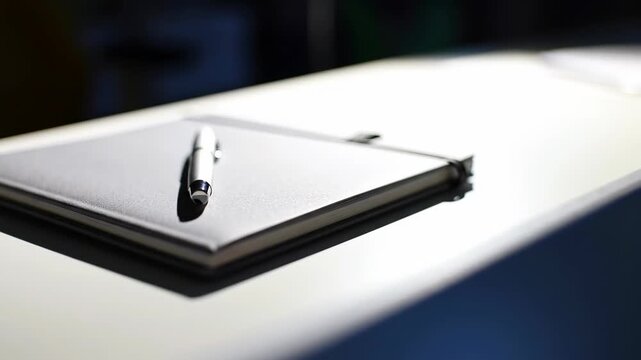 Simple desk composition with journal and pen on a bright surface.