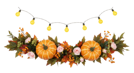 Isolated autumn decor arrangement with pumpkins and light bulbs decoration, floral accents