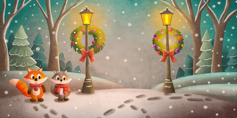 Christmas holiday lifestyle with two cute foxes in winter forest near decorated street lamps glowing warmly in snow