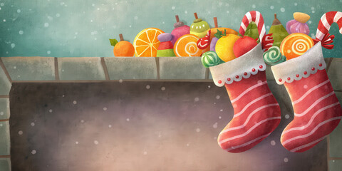 Christmas stocking filled with holiday candy and fruit hanging on fireplace for cozy lifestyle celebration