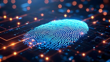 A glowing blue digital fingerprint is superimposed on a circuit board with orange lights.