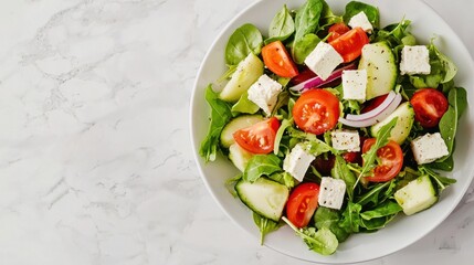 A fresh salad with tomatoes, cucumbers, and feta cheese on a white plate.