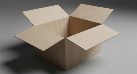 Caja de cartón abierta en un fondo gris, lista para ser utilizada en empaques o mudanzas