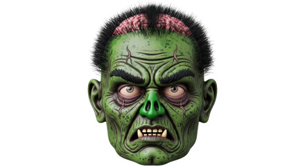 Isolated Frankenstein's monster head for Halloween, ghoulish horror creature illustration