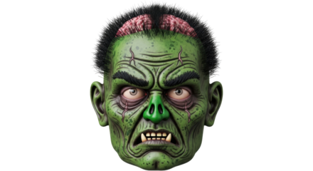 Isolated Frankenstein's monster head for Halloween, ghoulish horror creature illustration