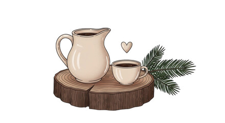 Isolated Beverage Still Life Drawing Pitcher, Cup On Wood Slab With Evergreen Fronds