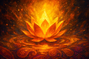 Radiant Lotus Emerging from Celestial Pool &ndash; Spiritual Abstract with Paisley Clouds