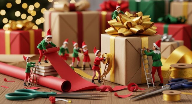 El taller de los elfos preparando regalos navide&ntilde;os en una mesa decorada con cintas y papel