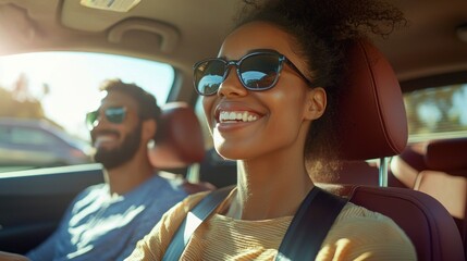 A young woman in a car with a man, both wearing sunglasses, smiling and laughing.