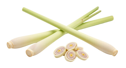 Isolated lemongrass stalks and slices for cooking and aromatherapy usage, herb garnish