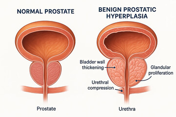 Illustration comparing a normal prostate gland with benign prostatic hyperplasia (BPH), showing urethral compression and bladder wall thickening.