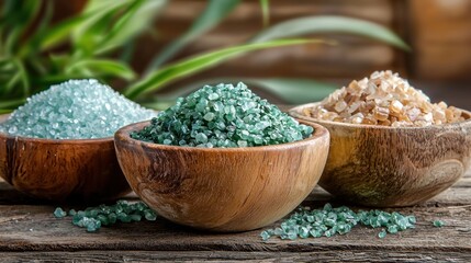 Three wooden bowls filled with green and blue crystals on a rustic wooden table with green leaves in the background.