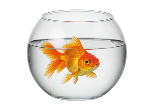Orange goldfish in a glass bowl isolated, pet fish swimming in clear water aquarium on transparent background
