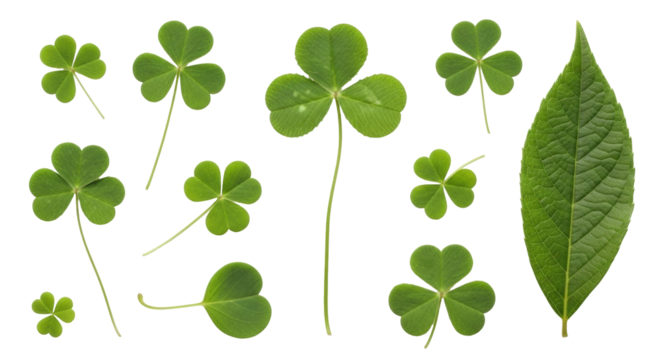 Isolated botanical St Patrick's Day elements, four leaf clovers, three leaf shamrocks