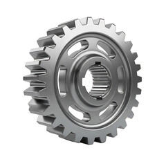 3D rendering of a single metal gear with internal splines and web holes on black background, representing mechanical engineering and power transmission.