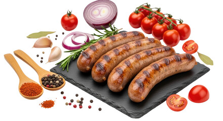Isolated Grilled sausages on slate serving board with tomatoes, onion and herbs for dinner